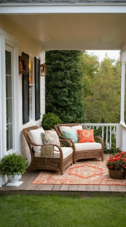 23 Vibrant Summer Front Porch Decor Ideas to Welcome the Season - Create a Cozy Seating Area (1)