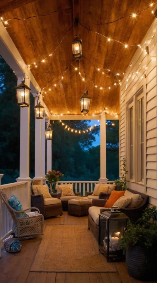 23 Vibrant Summer Front Porch Decor Ideas to Welcome the Season - Incorporate Lighting for Ambiance